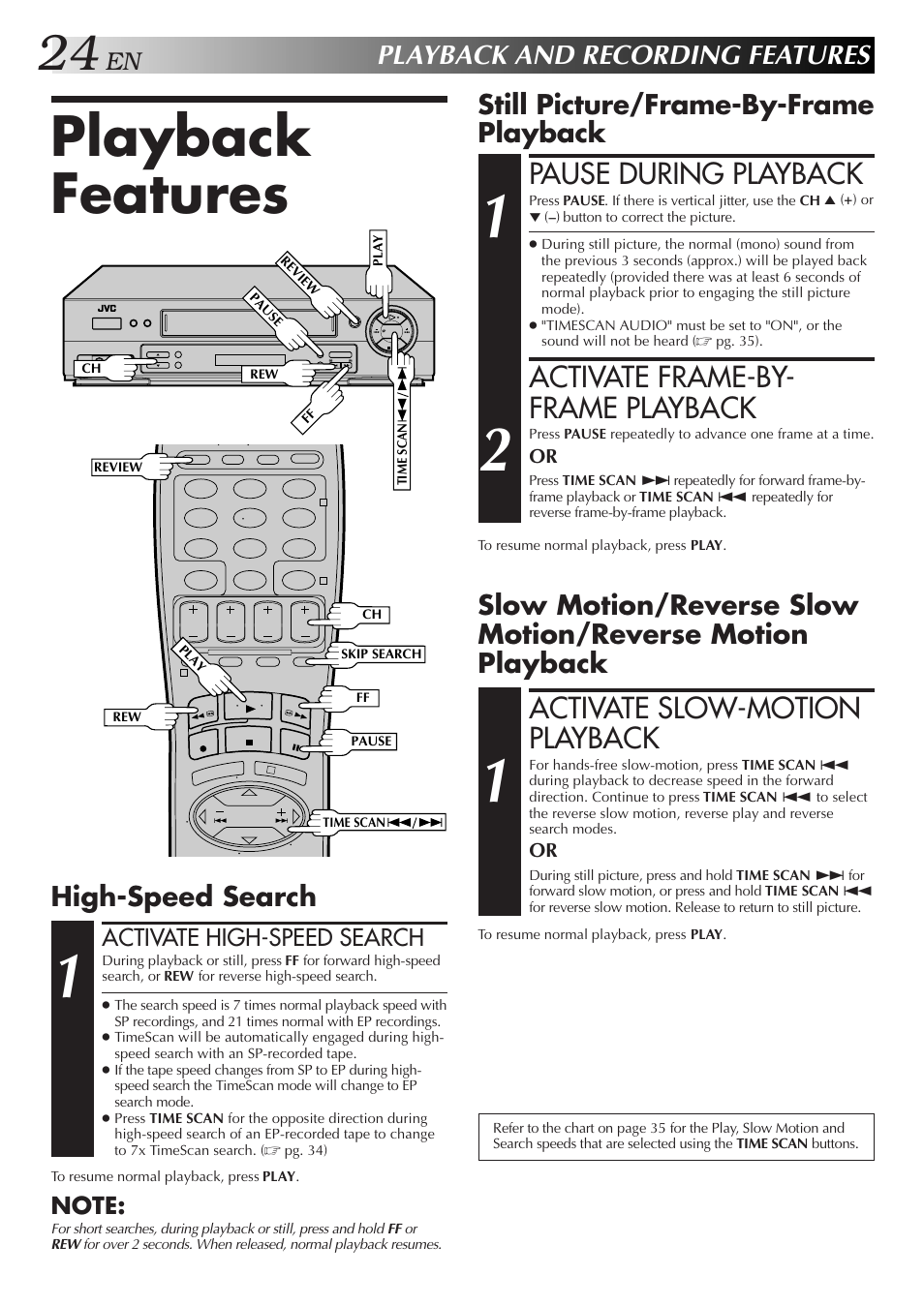 Playback features, Pause during playback, Activate frame-by- frame playback | Activate slow-motion playback, Playback and recording features, Still picture/frame-by-frame playback, High-speed search, Activate high-speed search | JVC HR-DD750U User Manual | Page 24 / 68