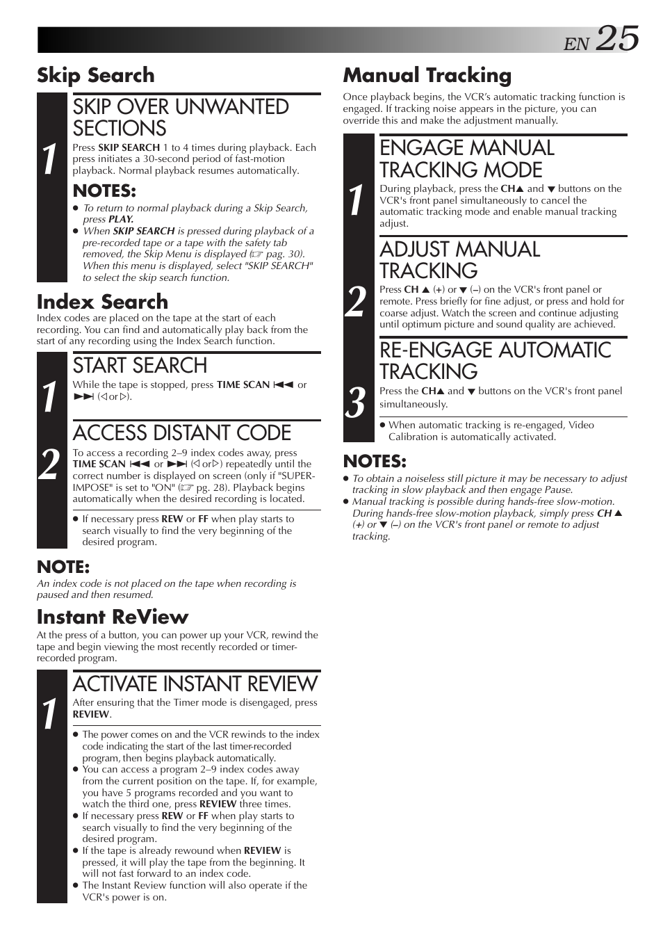 Activate instant review, Engage manual tracking mode, Adjust manual tracking | Re-engage automatic tracking, Start search, Access distant code, Instant review, Manual tracking, Index search, Skip search | JVC HR-DD750U User Manual | Page 25 / 68