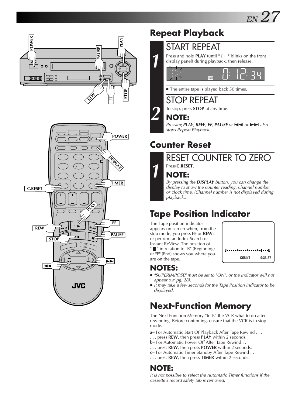 Start repeat, Stop repeat, Reset counter to zero | Repeat playback, Tape position indicator, Counter reset | JVC HR-DD750U User Manual | Page 27 / 68
