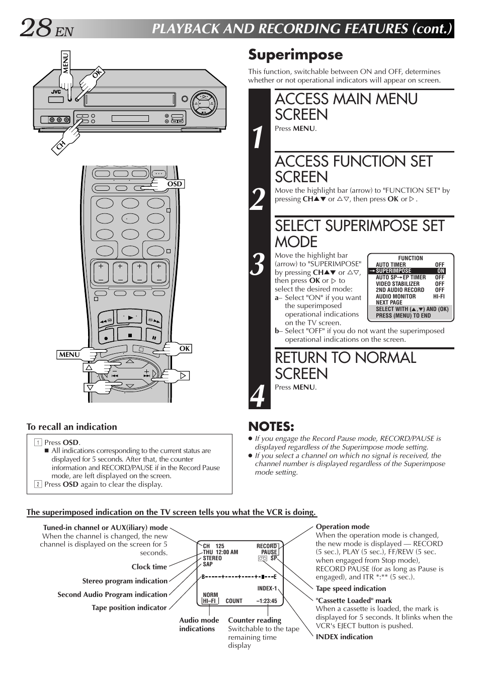 Access main menu screen, Access function set screen, Select superimpose set mode | Return to normal screen, Playback and recording features (cont.), Superimpose | JVC HR-DD750U User Manual | Page 28 / 68