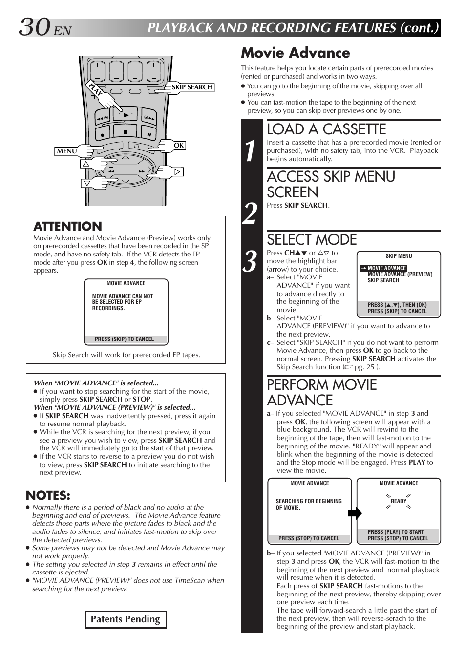 Load a cassette, Access skip menu screen, Select mode | Perform movie advance, Playback and recording features (cont.), Movie advance, Attention | JVC HR-DD750U User Manual | Page 30 / 68