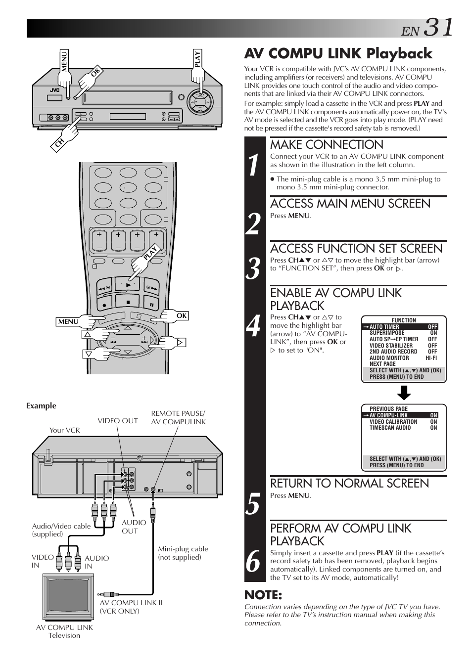 Av compu link playback, Make connection, Access main menu screen | Access function set screen, Enable av compu link playback, Return to normal screen, Perform av compu link playback | JVC HR-DD750U User Manual | Page 31 / 68