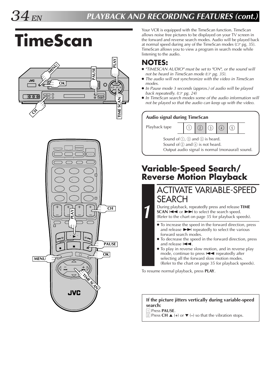 Timescan, Activate variable-speed search, Playback and recording features (cont.) | Variable-speed search/ reverse motion playback | JVC HR-DD750U User Manual | Page 34 / 68