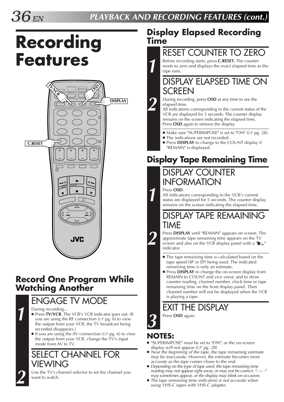 Recording features, Engage tv mode, Select channel for viewing | Reset counter to zero, Display elapsed time on screen, Display counter information, Exit the display, Playback and recording features (cont.), Record one program while watching another, Display elapsed recording time | JVC HR-DD750U User Manual | Page 36 / 68