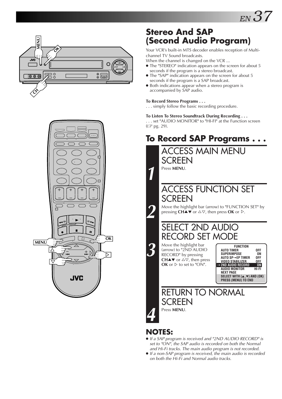 Access main menu screen, Access function set screen, Select 2nd audio record set mode | Return to normal screen, Stereo and sap (second audio program) | JVC HR-DD750U User Manual | Page 37 / 68