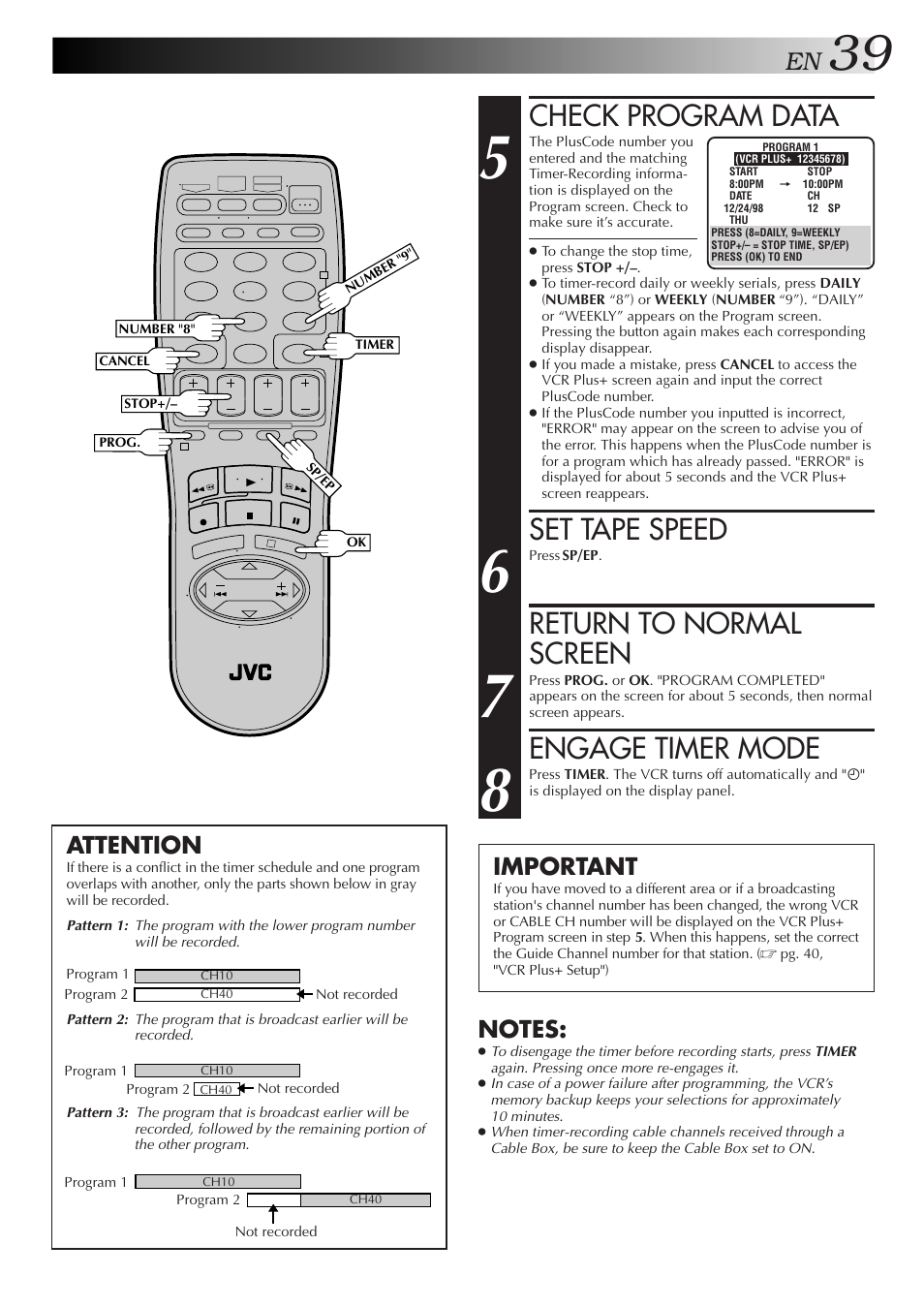 Check program data, Set tape speed, Return to normal screen | Engage timer mode, Important, Attention | JVC HR-DD750U User Manual | Page 39 / 68