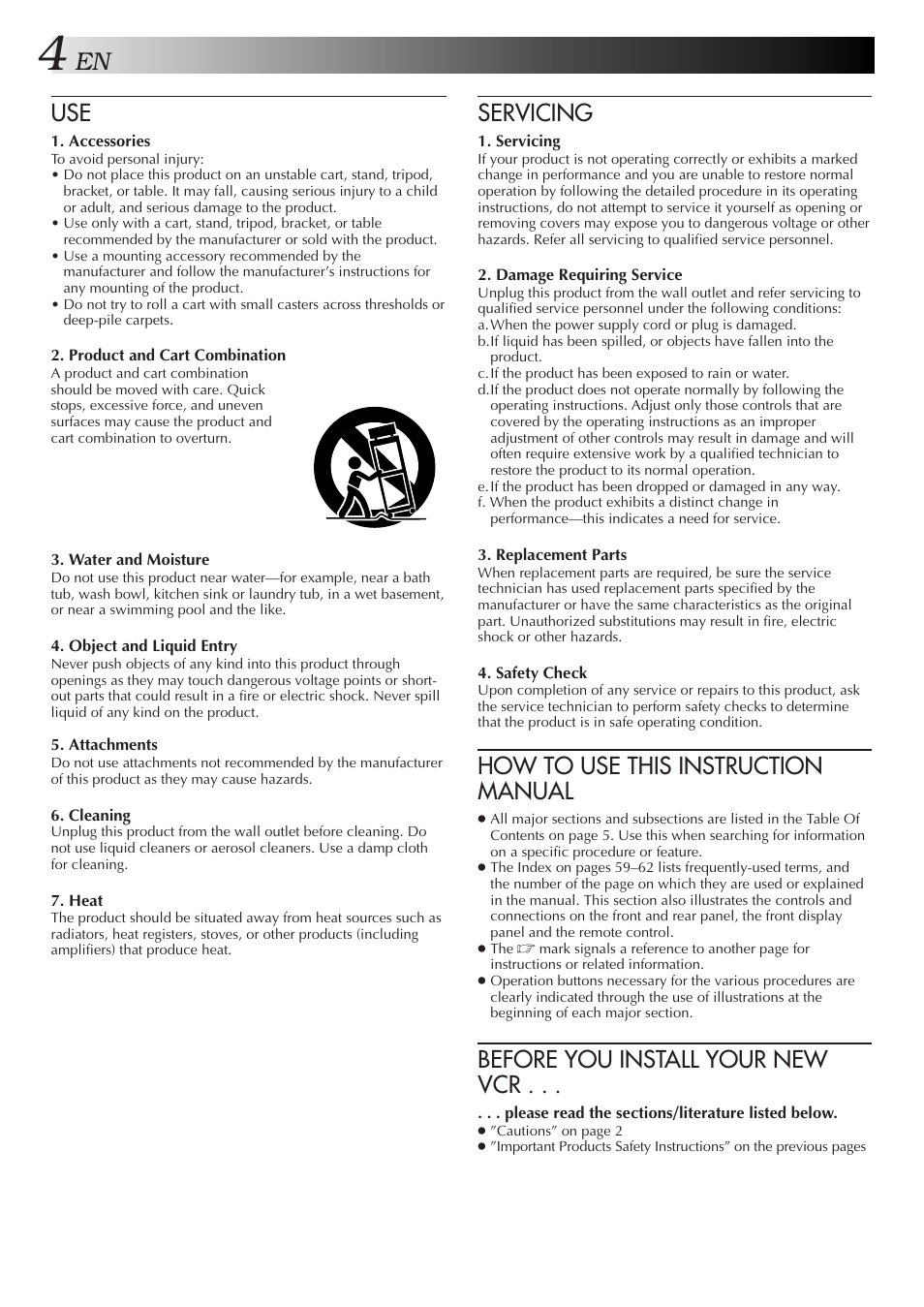 Servicing, How to use this instruction manual, Before you install your new vcr | JVC HR-DD750U User Manual | Page 4 / 68