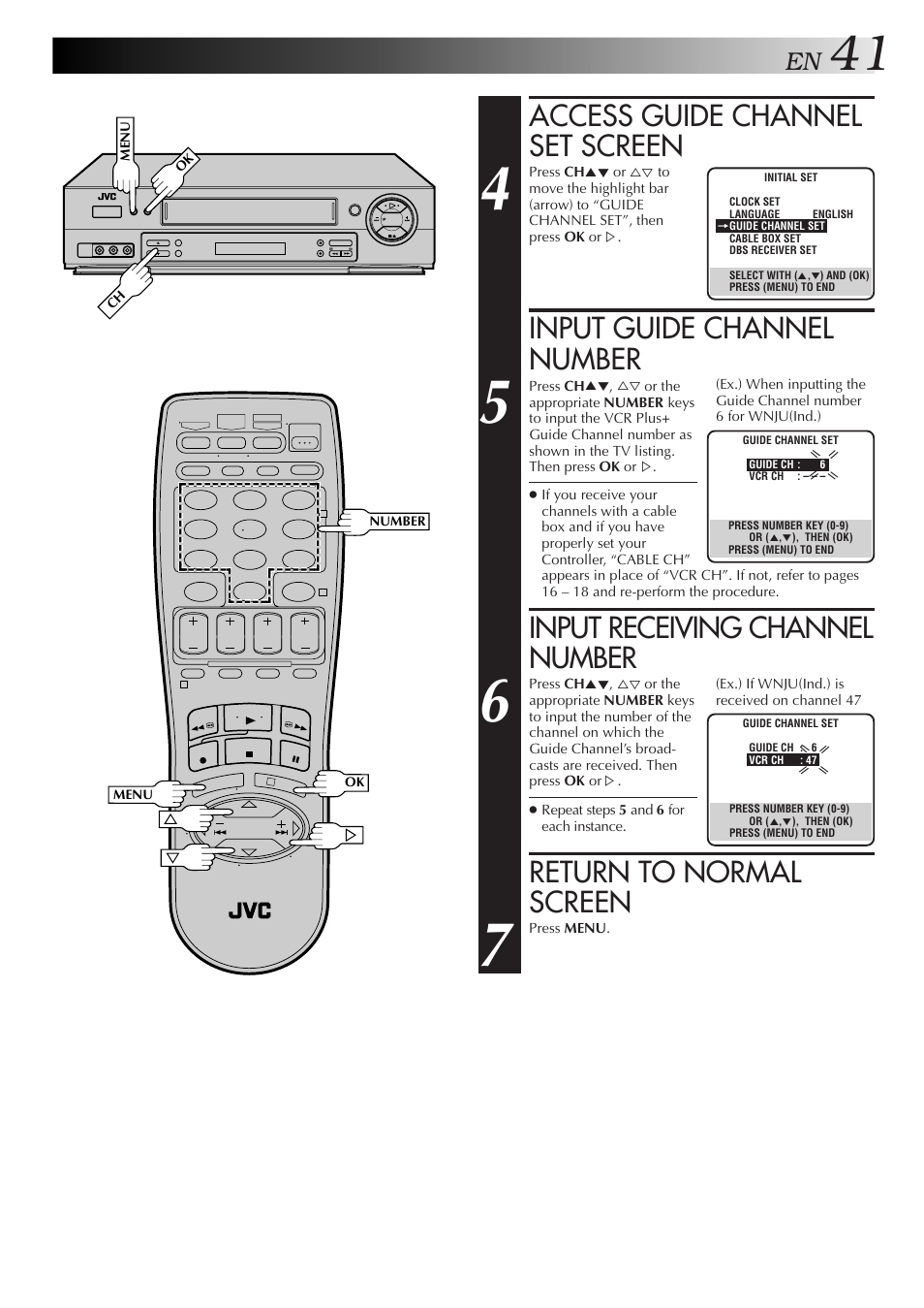 Access guide channel set screen, Input guide channel number, Input receiving channel number | Return to normal screen | JVC HR-DD750U User Manual | Page 41 / 68