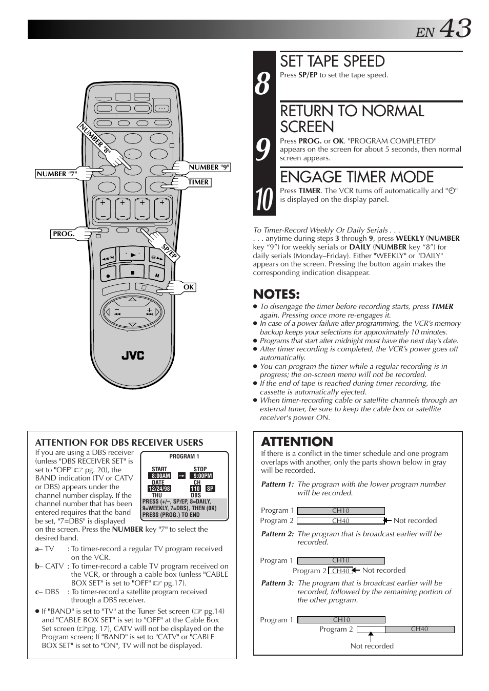 Set tape speed, Return to normal screen, Engage timer mode | Attention | JVC HR-DD750U User Manual | Page 43 / 68