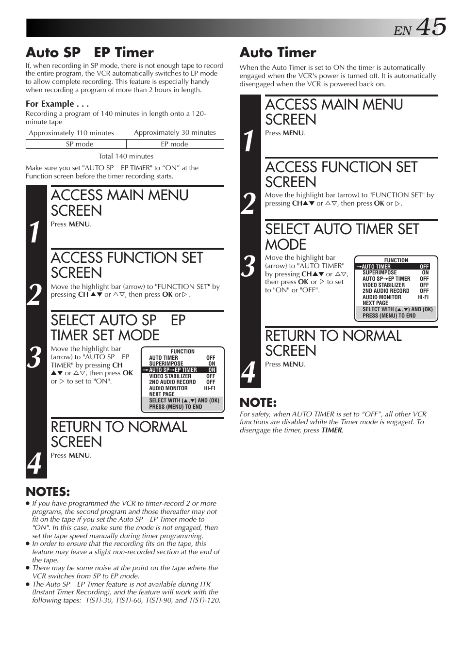 Access main menu screen, Access function set screen, Select auto timer set mode | Return to normal screen, Select auto sp → ep timer set mode, Auto timer, Auto sp → ep timer | JVC HR-DD750U User Manual | Page 45 / 68