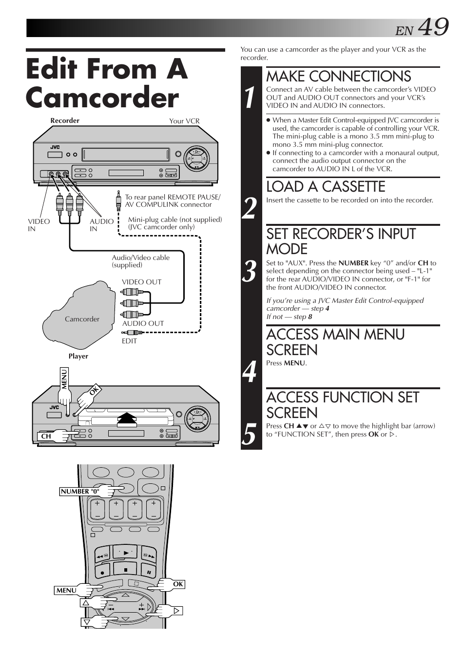 Edit from a camcorder, Make connections, Load a cassette | Set recorder’s input mode, Access main menu screen, Access function set screen | JVC HR-DD750U User Manual | Page 49 / 68