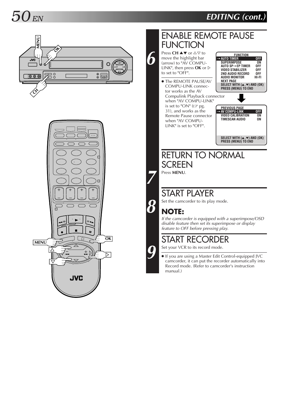 Enable remote pause function, Return to normal screen, Start player | Start recorder, Editing (cont.) | JVC HR-DD750U User Manual | Page 50 / 68