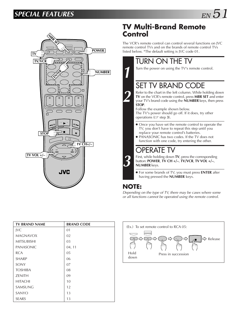 Turn on the tv, Set tv brand code, Operate tv | Special features, Tv multi-brand remote control | JVC HR-DD750U User Manual | Page 51 / 68