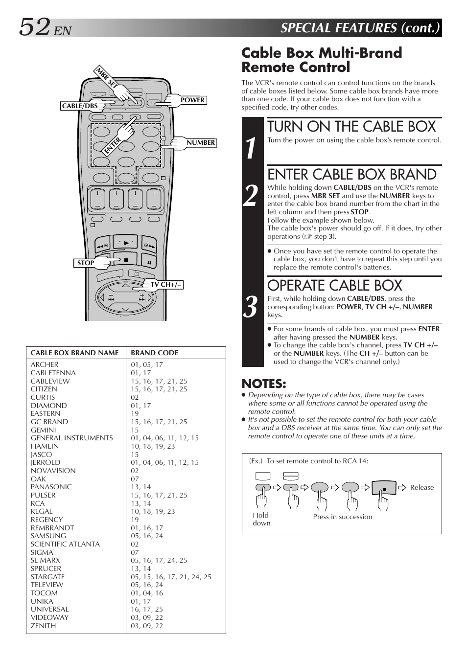 Turn on the cable box, Enter cable box brand, Operate cable box | Special features (cont.), Cable box multi-brand remote control | JVC HR-DD750U User Manual | Page 52 / 68