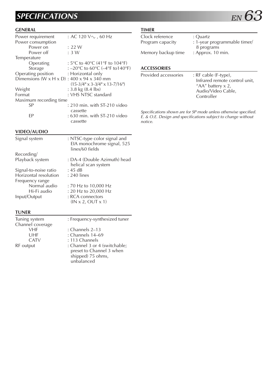 Specifications | JVC HR-DD750U User Manual | Page 63 / 68