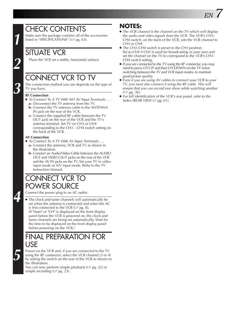 Check contents, Situate vcr, Connect vcr to tv | Connect vcr to power source, Final preparation for use | JVC HR-DD750U User Manual | Page 7 / 68