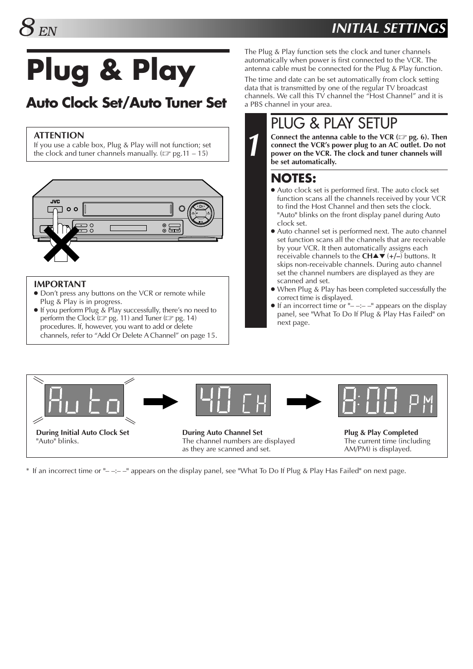 Plug & play, Plug & play setup, Initial settings | Auto clock set/auto tuner set | JVC HR-DD750U User Manual | Page 8 / 68