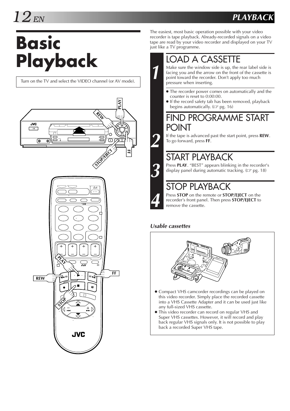 Basic playback, Load a cassette, Find programme start point | Start playback, Stop playback, Playback | JVC HR-J259EE User Manual | Page 12 / 48