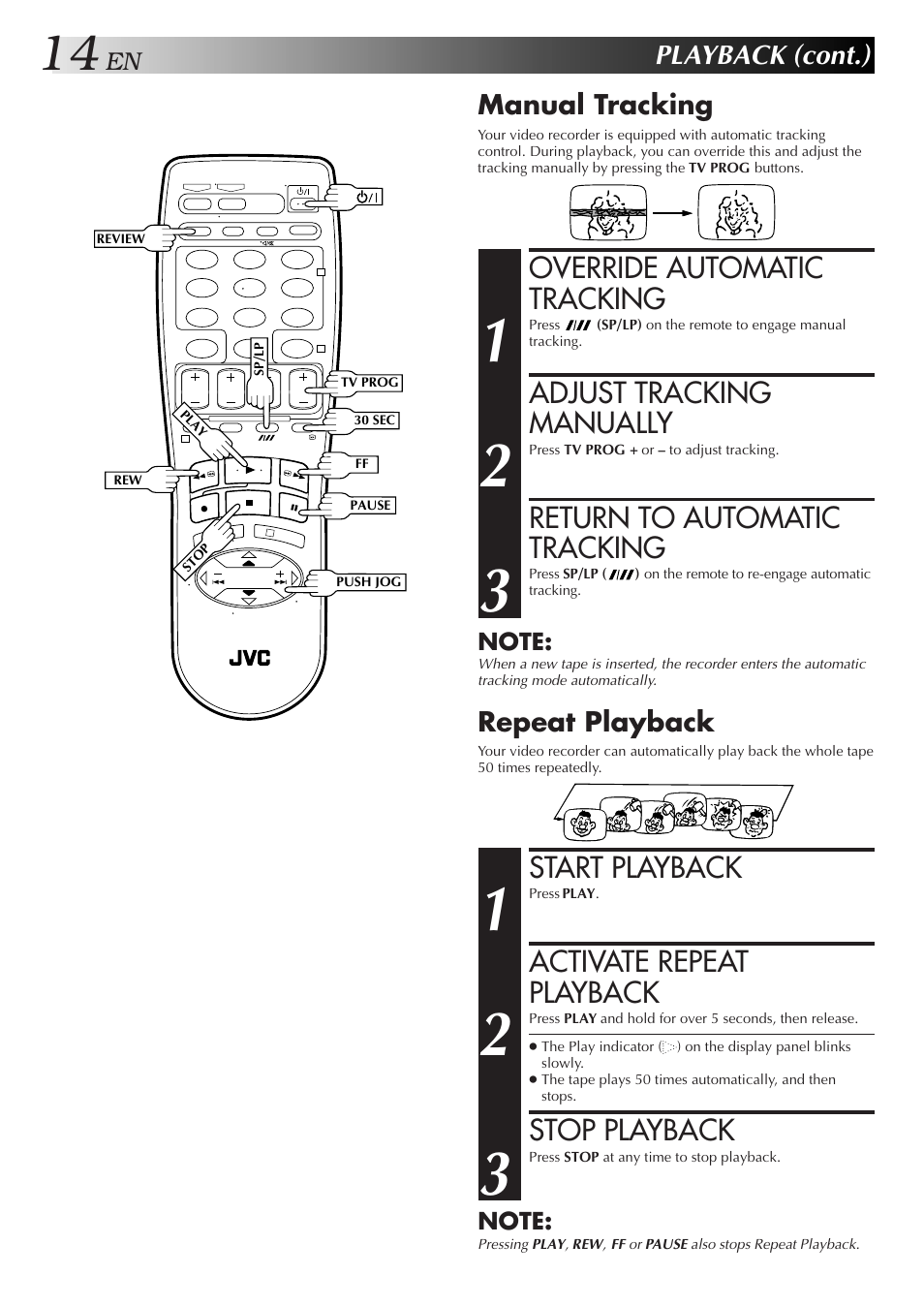 Override automatic tracking, Adjust tracking manually, Return to automatic tracking | Start playback, Activate repeat playback, Stop playback, Playback (cont.), Manual tracking, Repeat playback | JVC HR-J259EE User Manual | Page 14 / 48