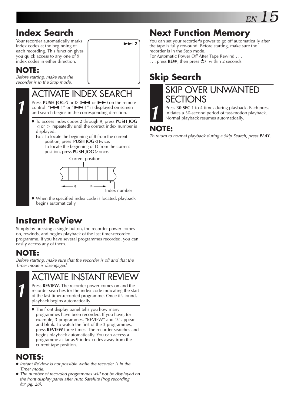 Activate index search, Activate instant review, Index search | Instant review, Skip search | JVC HR-J259EE User Manual | Page 15 / 48