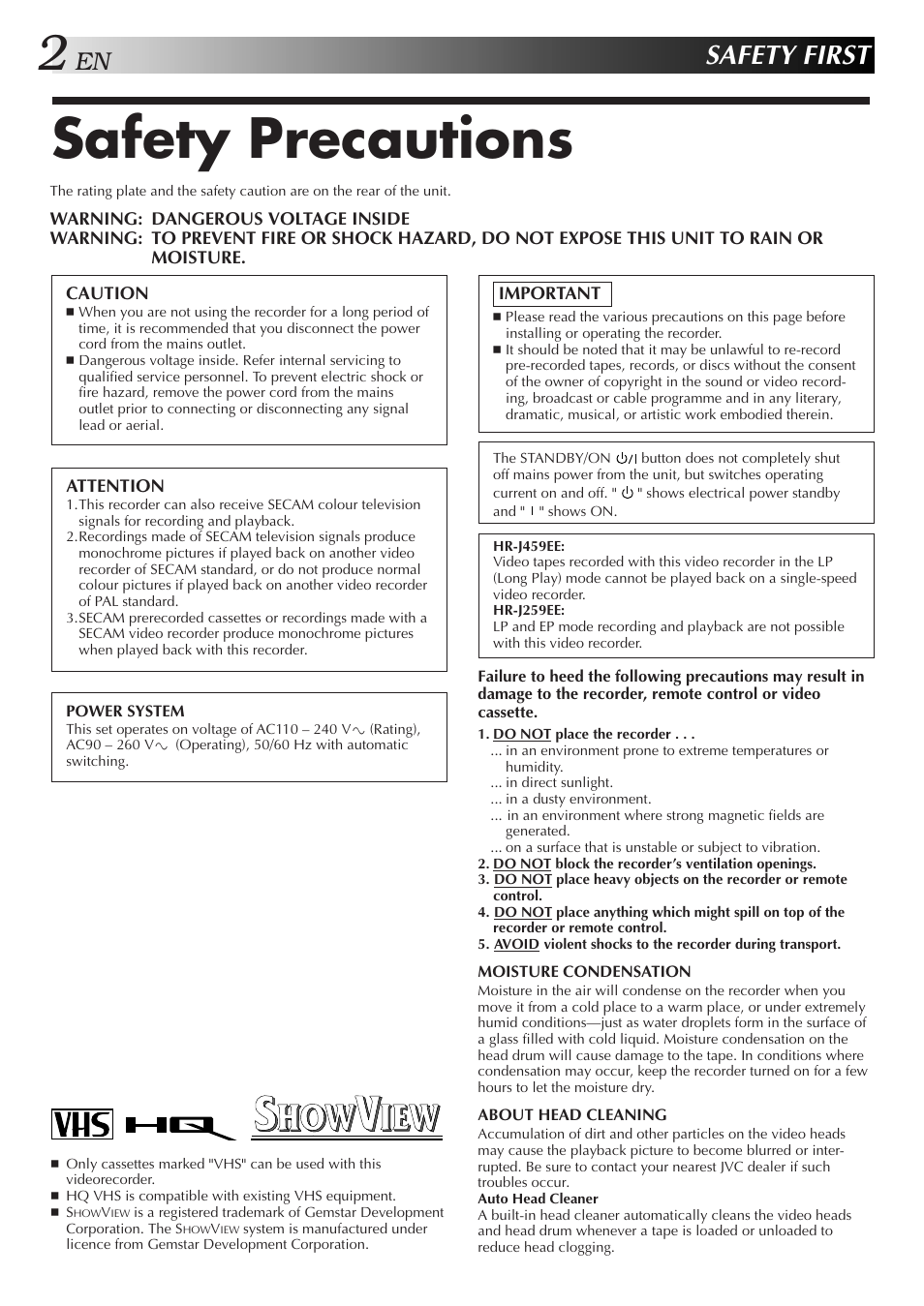 Safety precautions, Safety first | JVC HR-J259EE User Manual | Page 2 / 48
