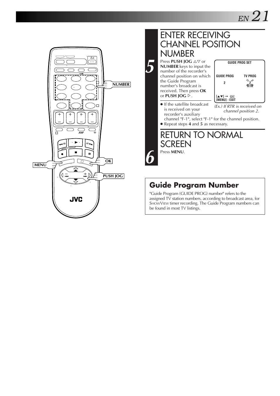 Enter receiving channel position number, Return to normal screen, Guide program number | JVC HR-J259EE User Manual | Page 21 / 48