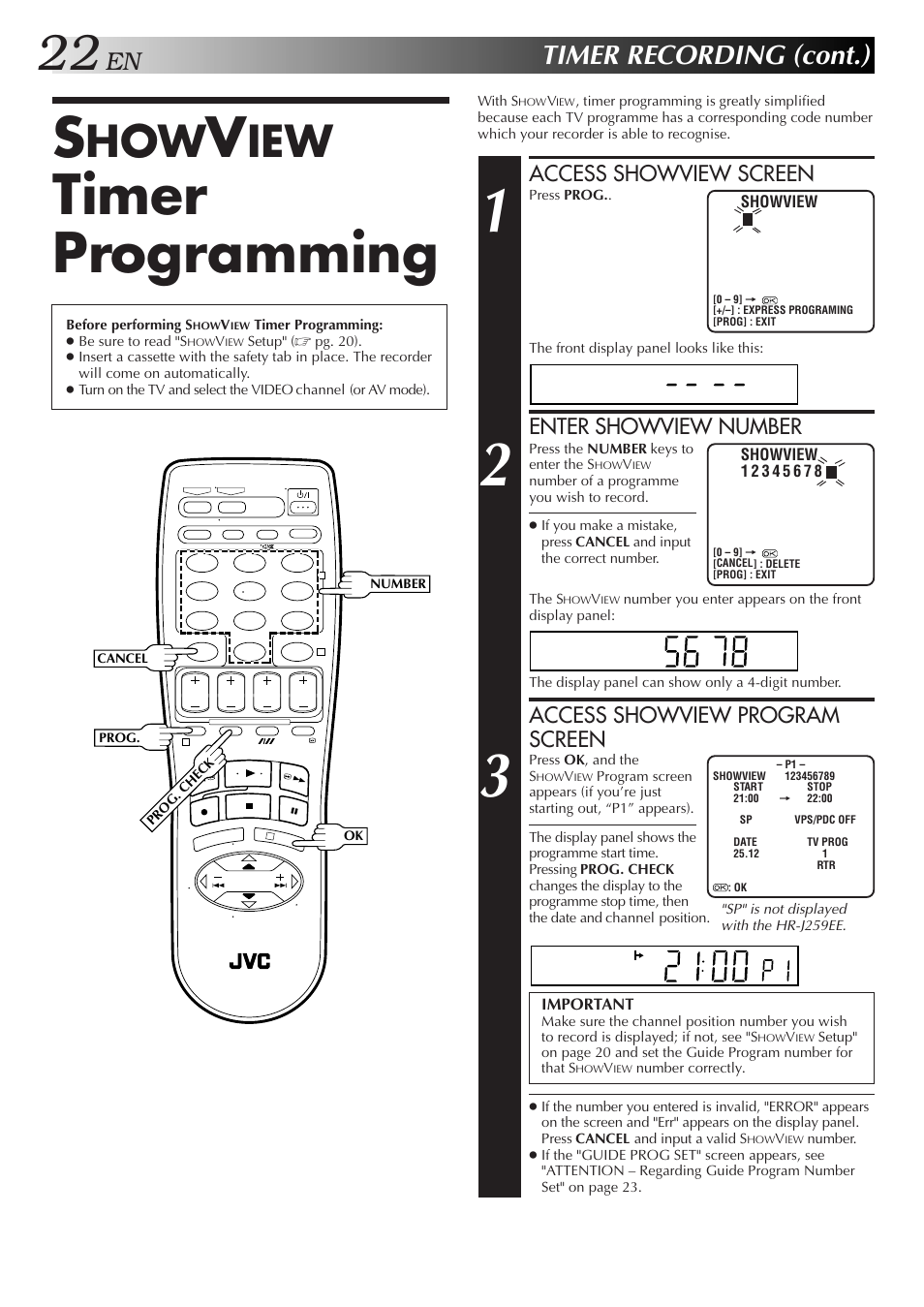Timer programming, Timer recording (cont.), Access showview screen | Enter showview number, Access showview program screen | JVC HR-J259EE User Manual | Page 22 / 48