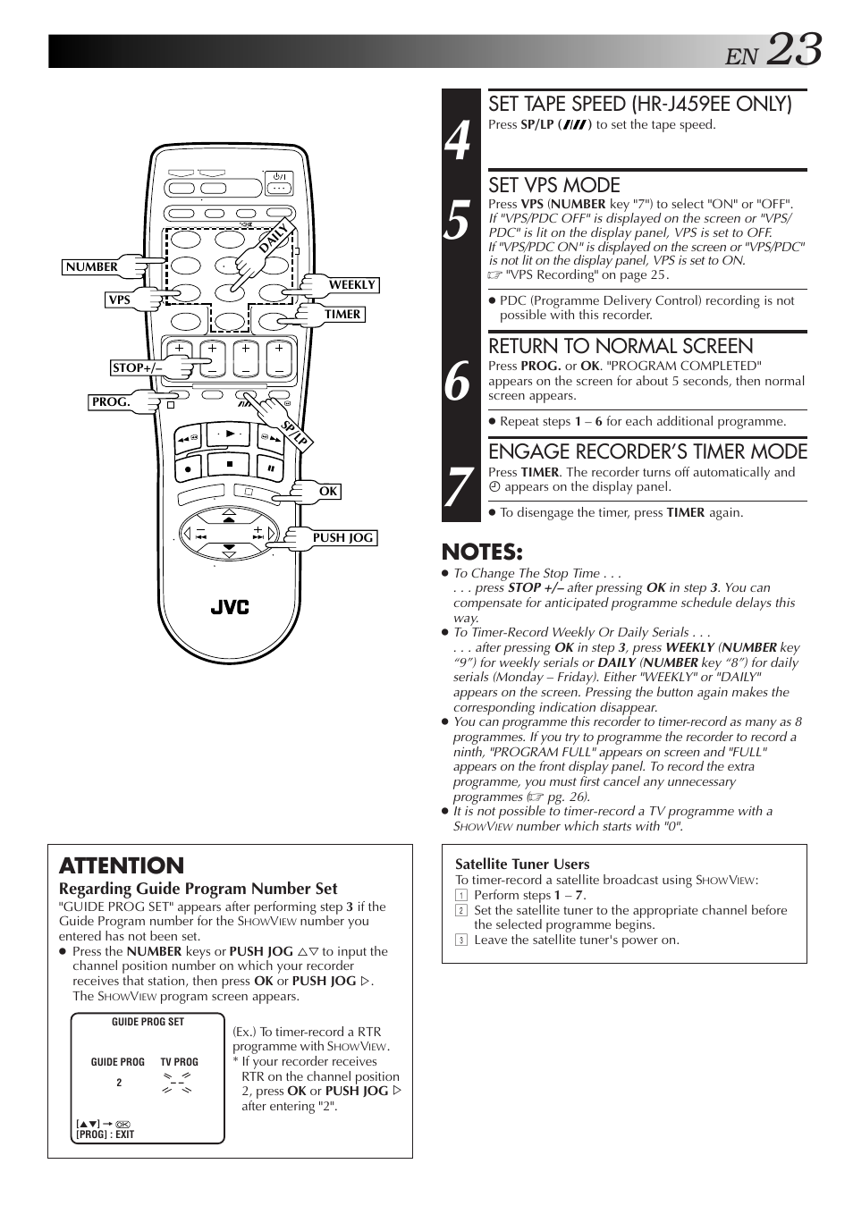 Attention, Set tape speed (hr-j459ee only), Set vps mode | Return to normal screen, Engage recorder’s timer mode | JVC HR-J259EE User Manual | Page 23 / 48