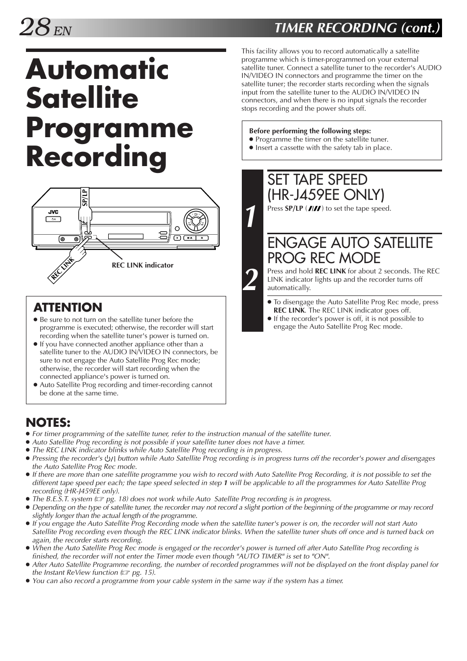 Automatic satellite programme recording, Set tape speed (hr-j459ee only), Engage auto satellite prog rec mode | Timer recording (cont.) | JVC HR-J259EE User Manual | Page 28 / 48