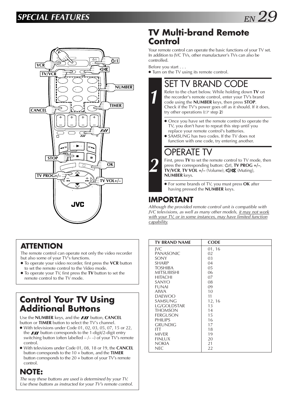 Set tv brand code, Operate tv, Special features | Control your tv using additional buttons, Tv multi-brand remote control, Important, Attention | JVC HR-J259EE User Manual | Page 29 / 48