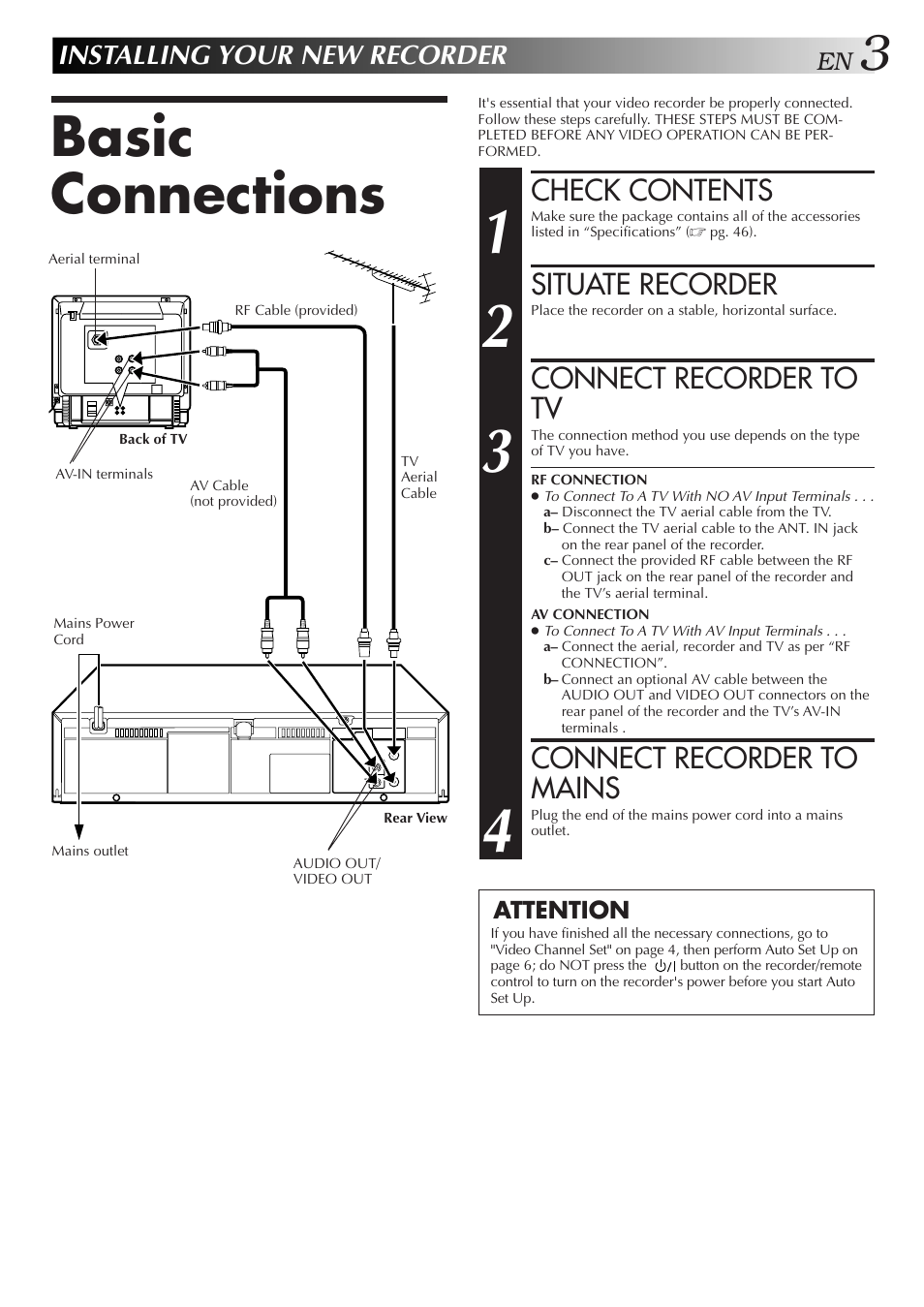 Basic connections, Check contents, Situate recorder | Connect recorder to tv, Connect recorder to mains, Installing your new recorder | JVC HR-J259EE User Manual | Page 3 / 48