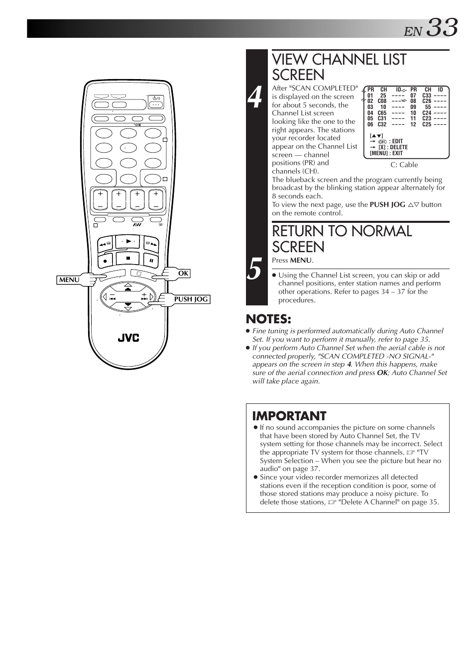 View channel list screen, Return to normal screen, Important | JVC HR-J259EE User Manual | Page 33 / 48