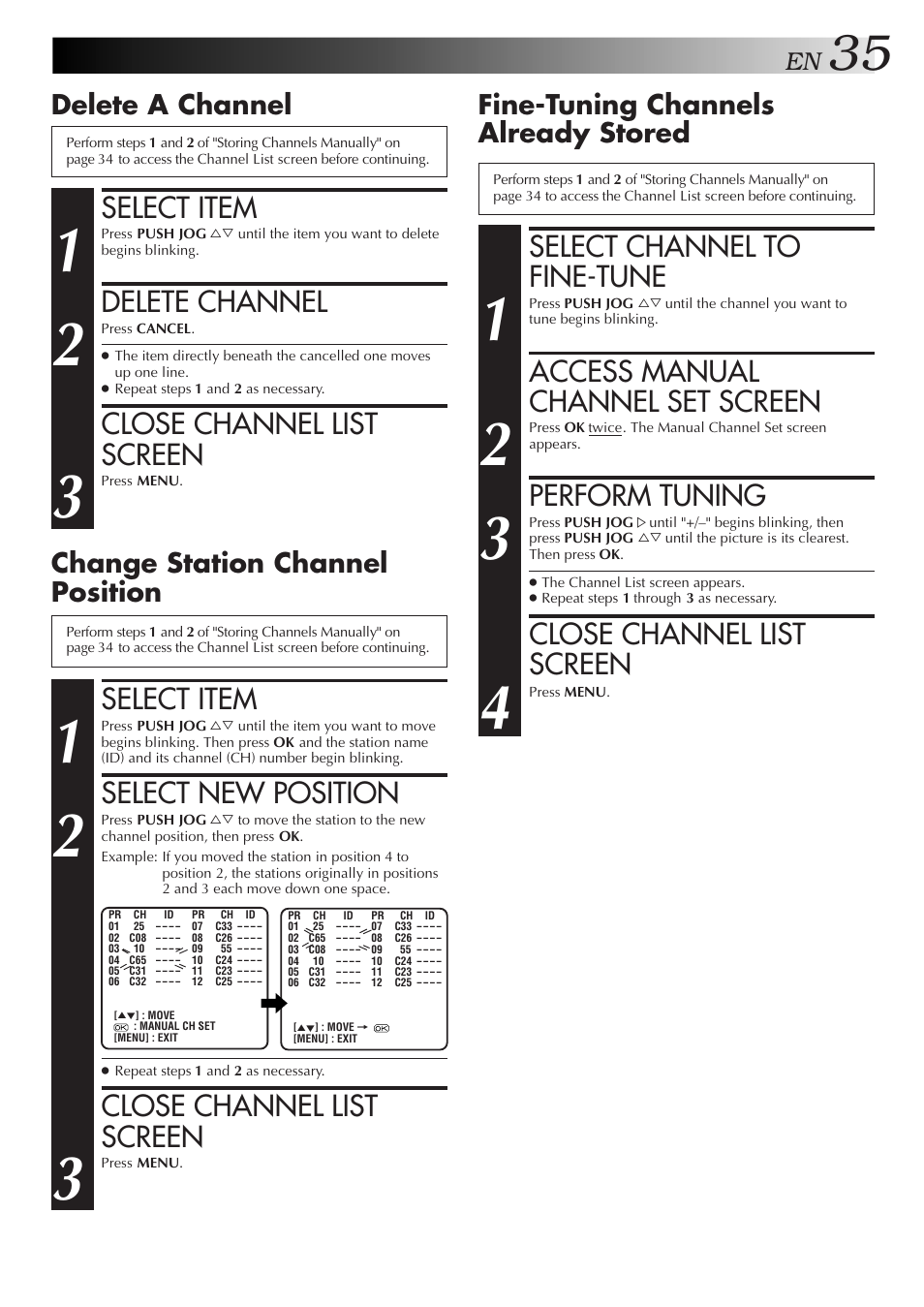 Select item, Select new position, Close channel list screen | Delete channel, Select channel to fine-tune, Access manual channel set screen, Perform tuning, Change station channel position, Delete a channel, Fine-tuning channels already stored | JVC HR-J259EE User Manual | Page 35 / 48