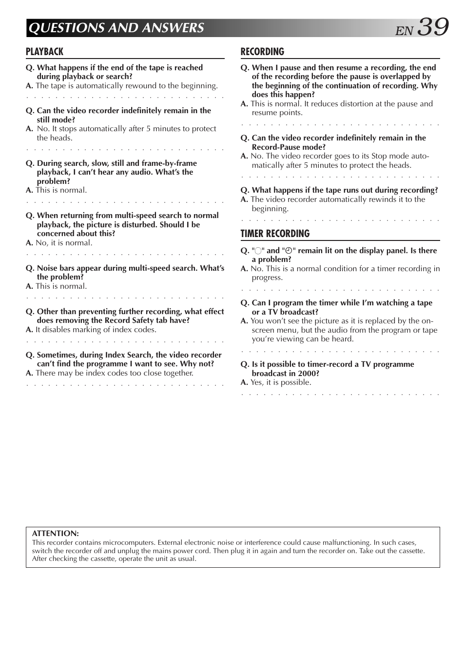 Questions and answers, Playback, Recording | Timer recording | JVC HR-J259EE User Manual | Page 39 / 48