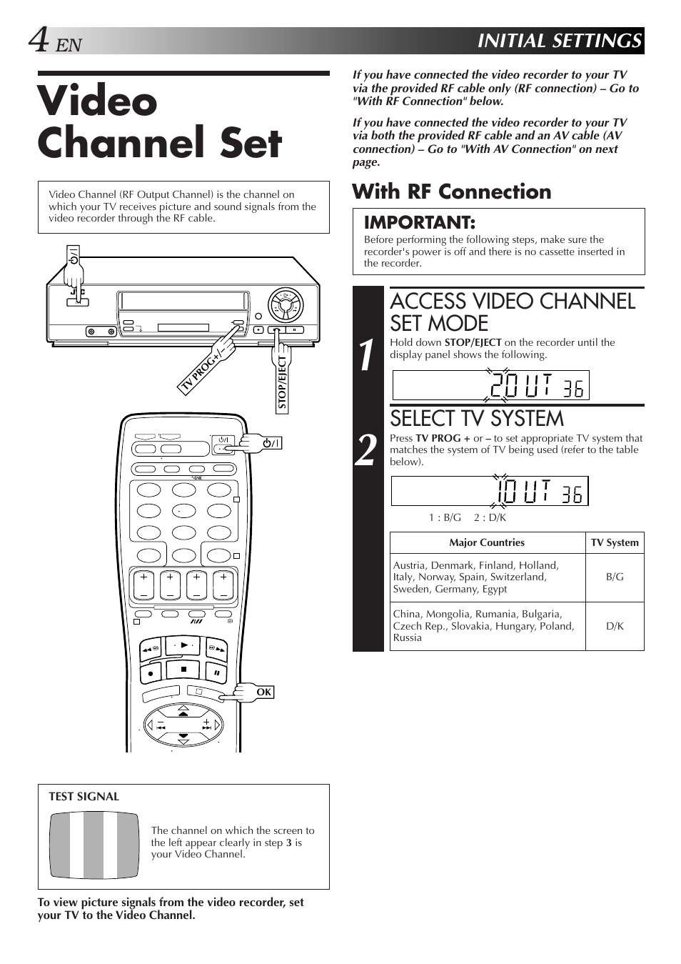 Video channel set, Access video channel set mode, Select tv system | Initial settings, With rf connection, Important | JVC HR-J259EE User Manual | Page 4 / 48