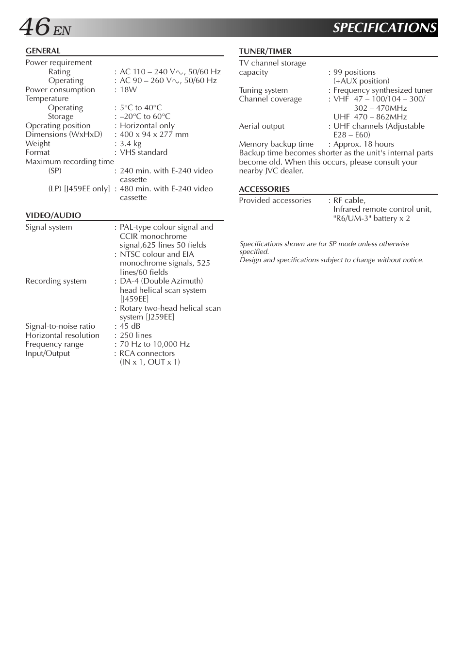 Specifications | JVC HR-J259EE User Manual | Page 46 / 48