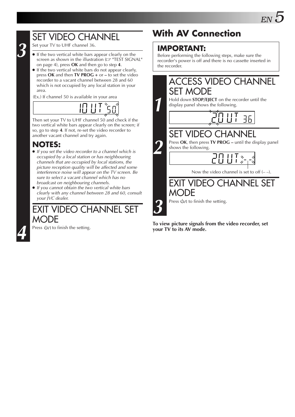 Set video channel, Exit video channel set mode, Access video channel set mode | JVC HR-J259EE User Manual | Page 5 / 48
