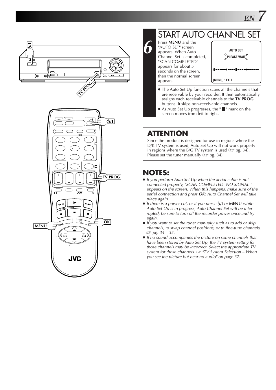 Start auto channel set, Attention | JVC HR-J259EE User Manual | Page 7 / 48