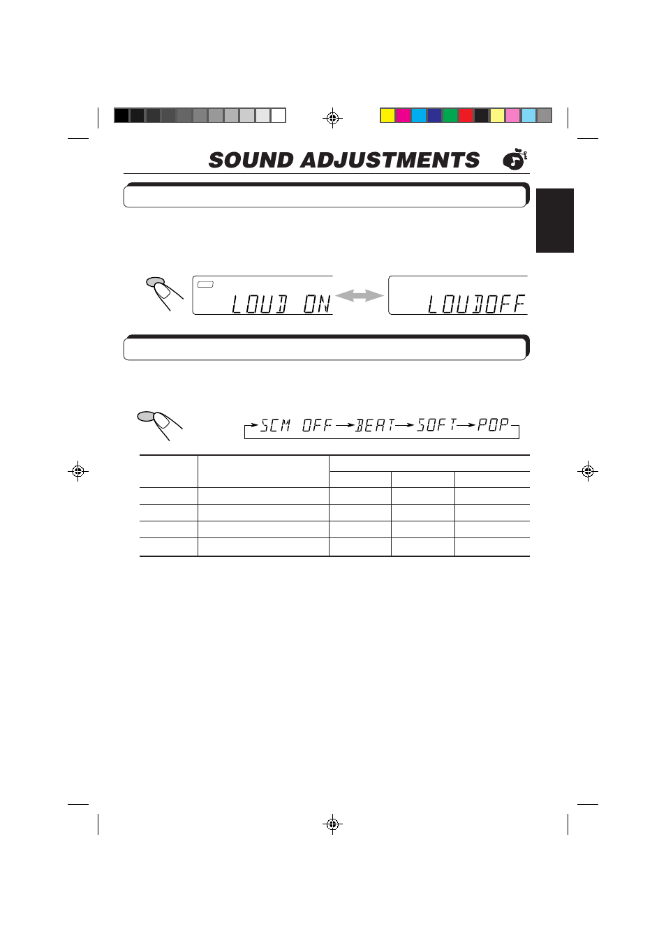 Sound adjustments, Turning on/off the loudness function, Selecting preset sound modes | JVC KD-S636 User Manual | Page 13 / 22