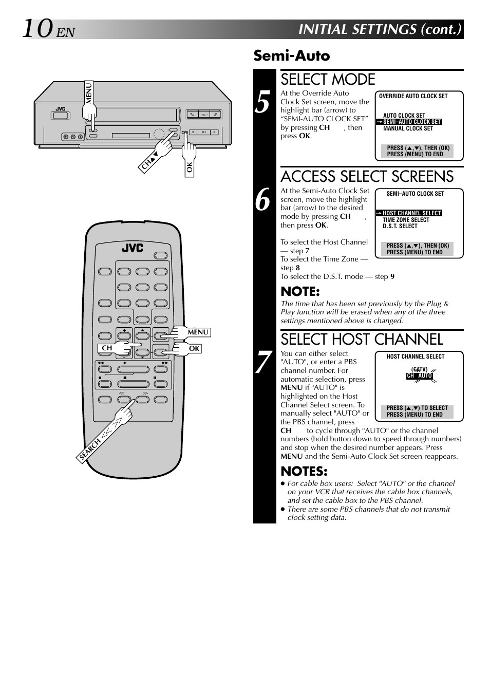 Select mode, Access select screens, Select host channel | Initial settings (cont.), Semi-auto | JVC HI-FI HR-J642U User Manual | Page 10 / 48