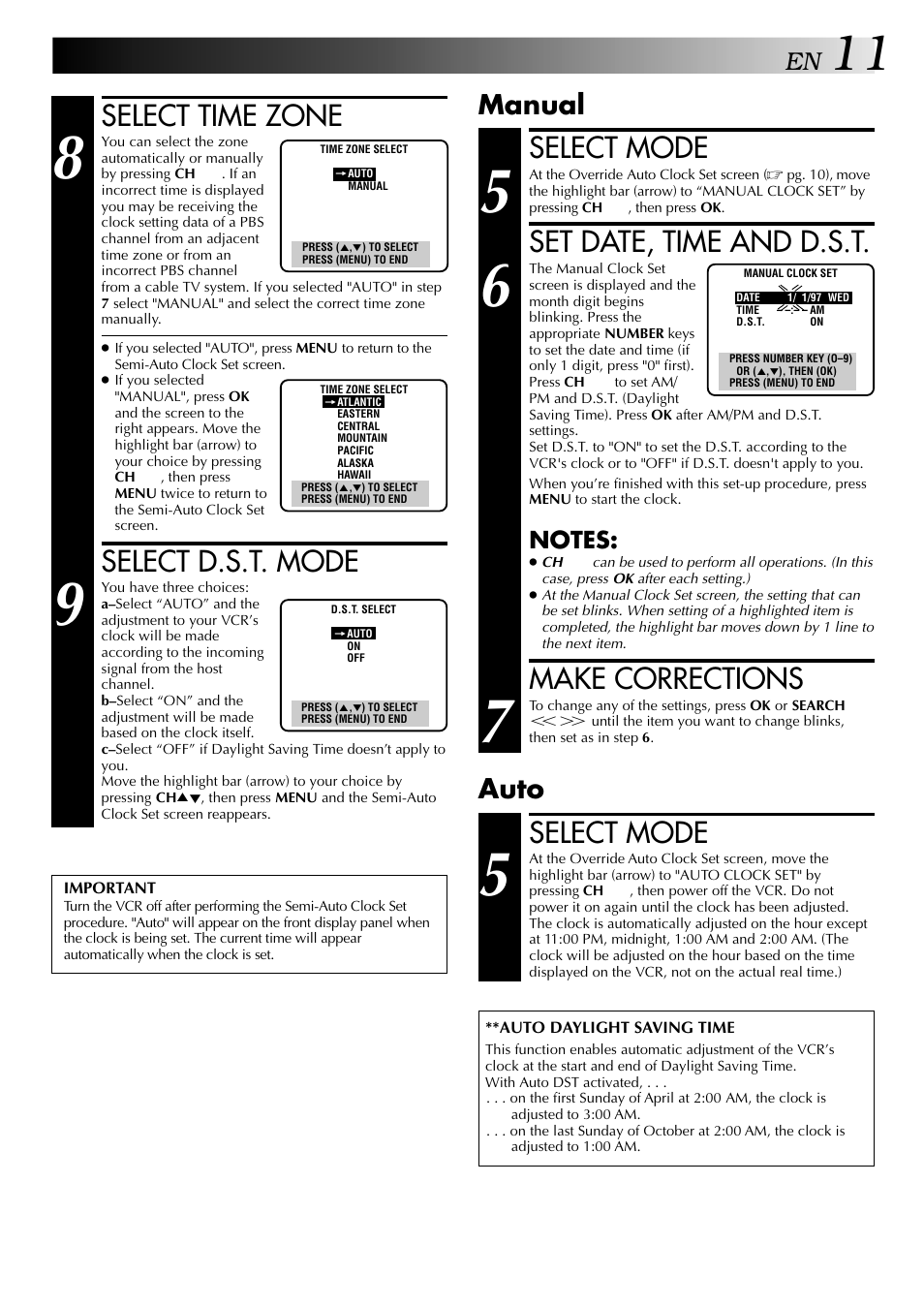 Select mode, Set date, time and d.s.t, Make corrections | Select time zone, Select d.s.t. mode, Manual, Auto | JVC HI-FI HR-J642U User Manual | Page 11 / 48