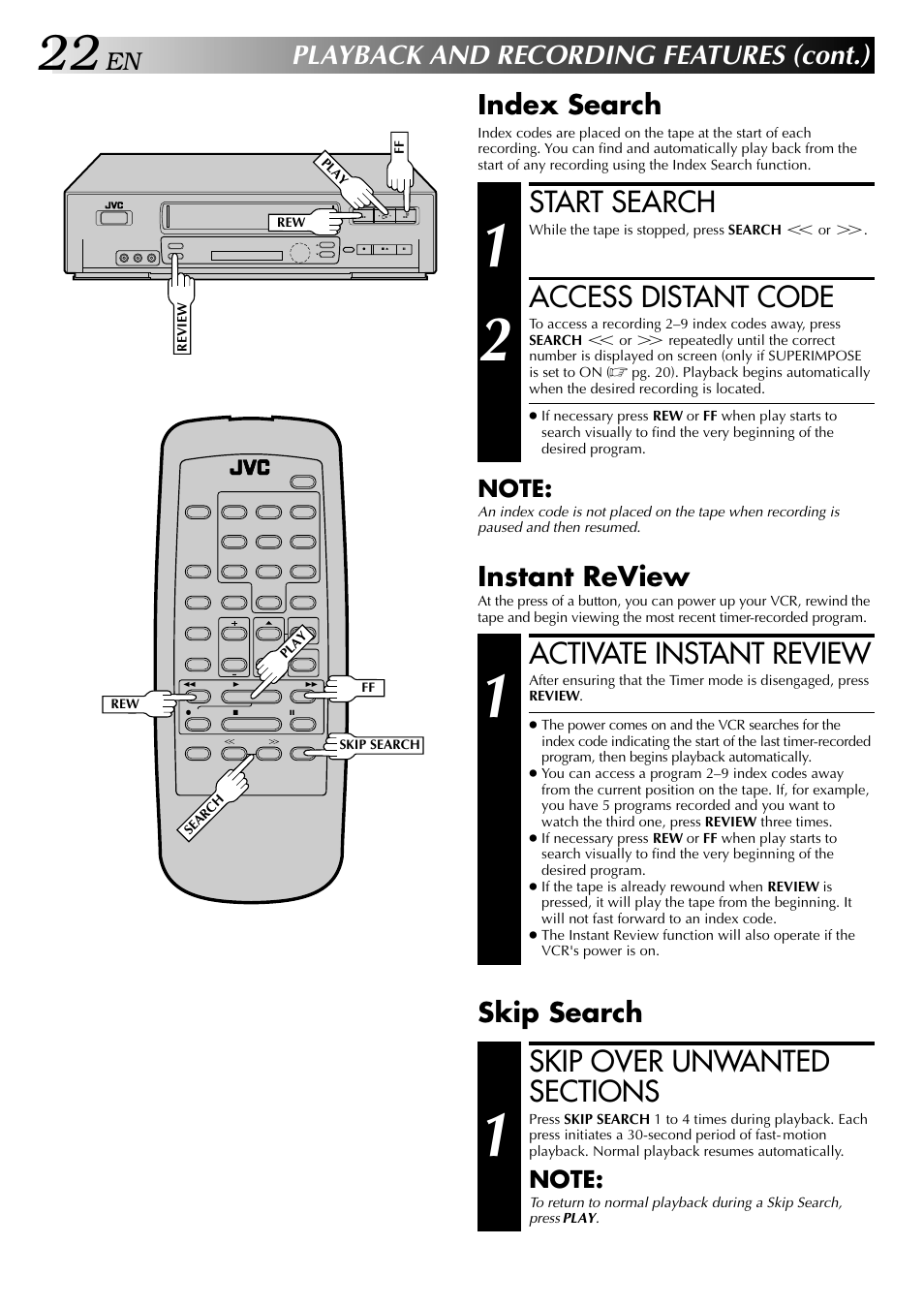 Start search, Access distant code, Activate instant review | Playback and recording features (cont.), Index search, Instant review, Skip search | JVC HI-FI HR-J642U User Manual | Page 22 / 48