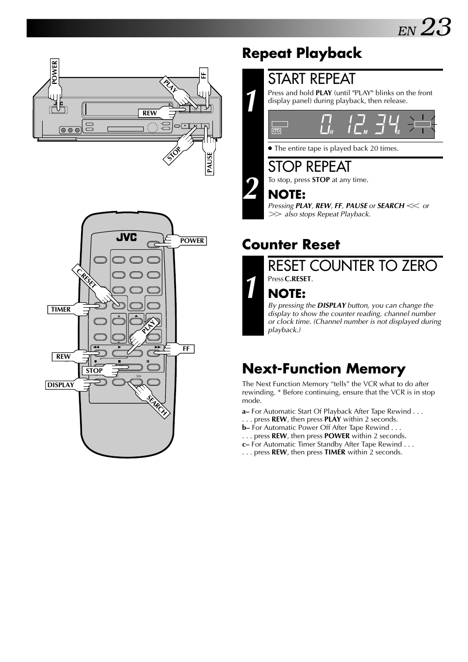 Start repeat, Stop repeat, Reset counter to zero | Repeat playback, Counter reset | JVC HI-FI HR-J642U User Manual | Page 23 / 48