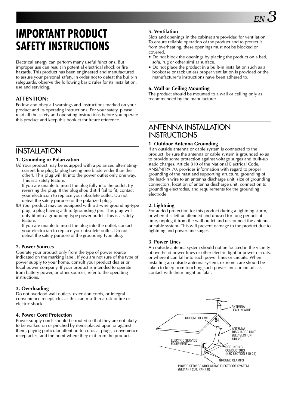 Important product safety instructions, Installation, Antenna installation instructions | JVC HI-FI HR-J642U User Manual | Page 3 / 48