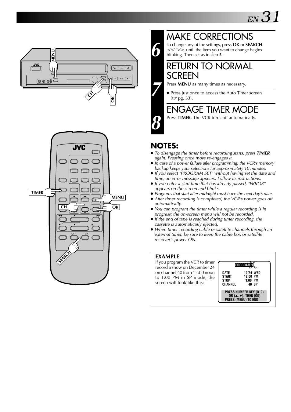 Make corrections, Return to normal screen, Engage timer mode | JVC HI-FI HR-J642U User Manual | Page 31 / 48