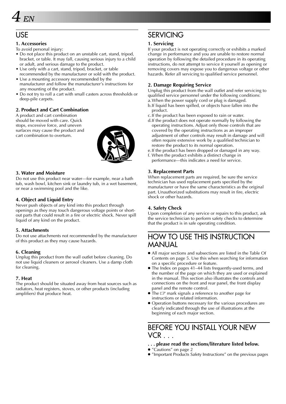 Servicing, How to use this instruction manual, Before you install your new vcr | JVC HI-FI HR-J642U User Manual | Page 4 / 48