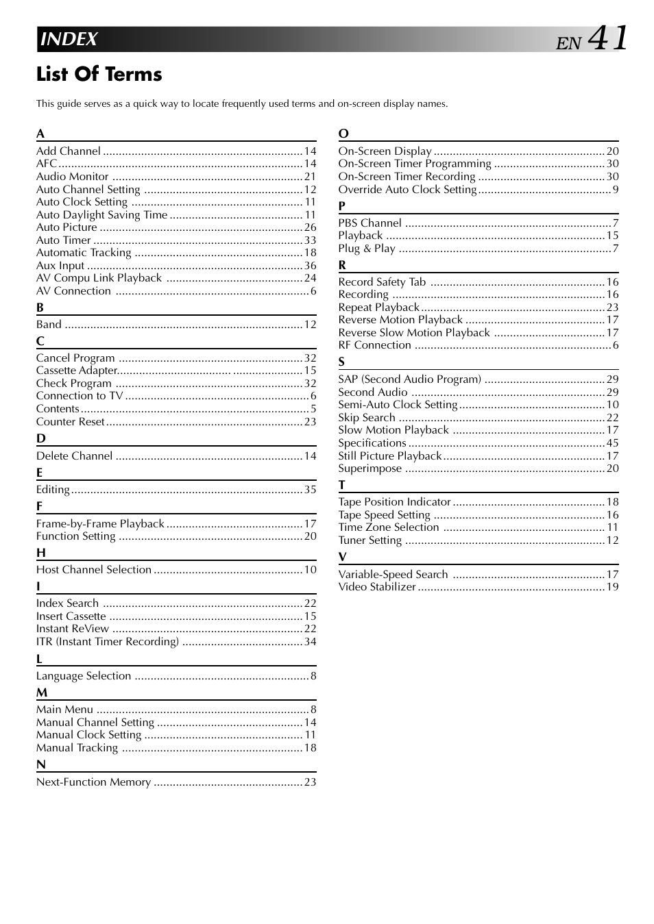 Index, List of terms | JVC HI-FI HR-J642U User Manual | Page 41 / 48