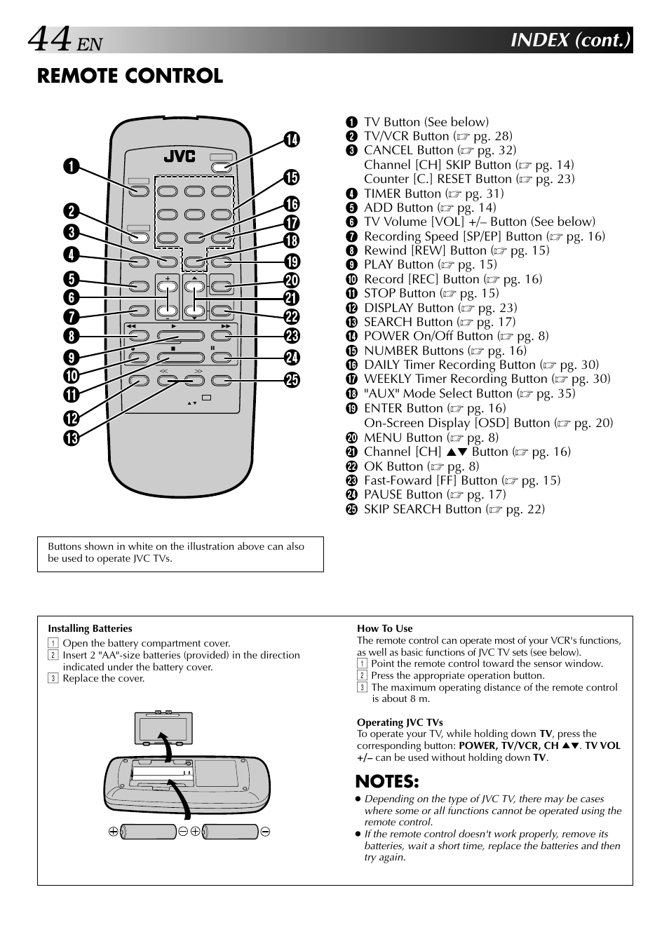 Index (cont.), Remote control | JVC HI-FI HR-J642U User Manual | Page 44 / 48