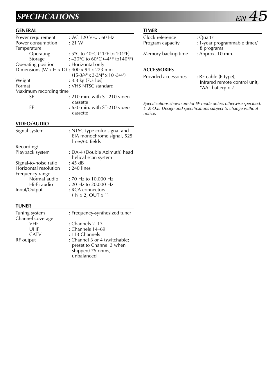 Specifications | JVC HI-FI HR-J642U User Manual | Page 45 / 48