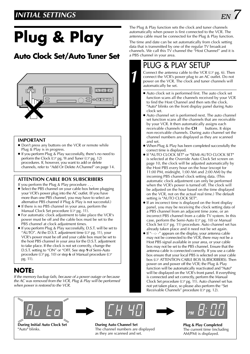 Plug & play, Plug & play setup, Initial settings | Auto clock set/auto tuner set | JVC HI-FI HR-J642U User Manual | Page 7 / 48